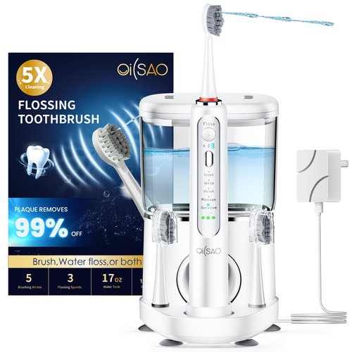 OILSAO Electric Toothbrush with Water Flosser, Advanced 2.0 Flossing Toothbrush Combo in One with 5 Brush Modes & 3 Floss Speeds,500 ML Cordless,for Adults,Teeth, Gums, Braces, Dental Care,White