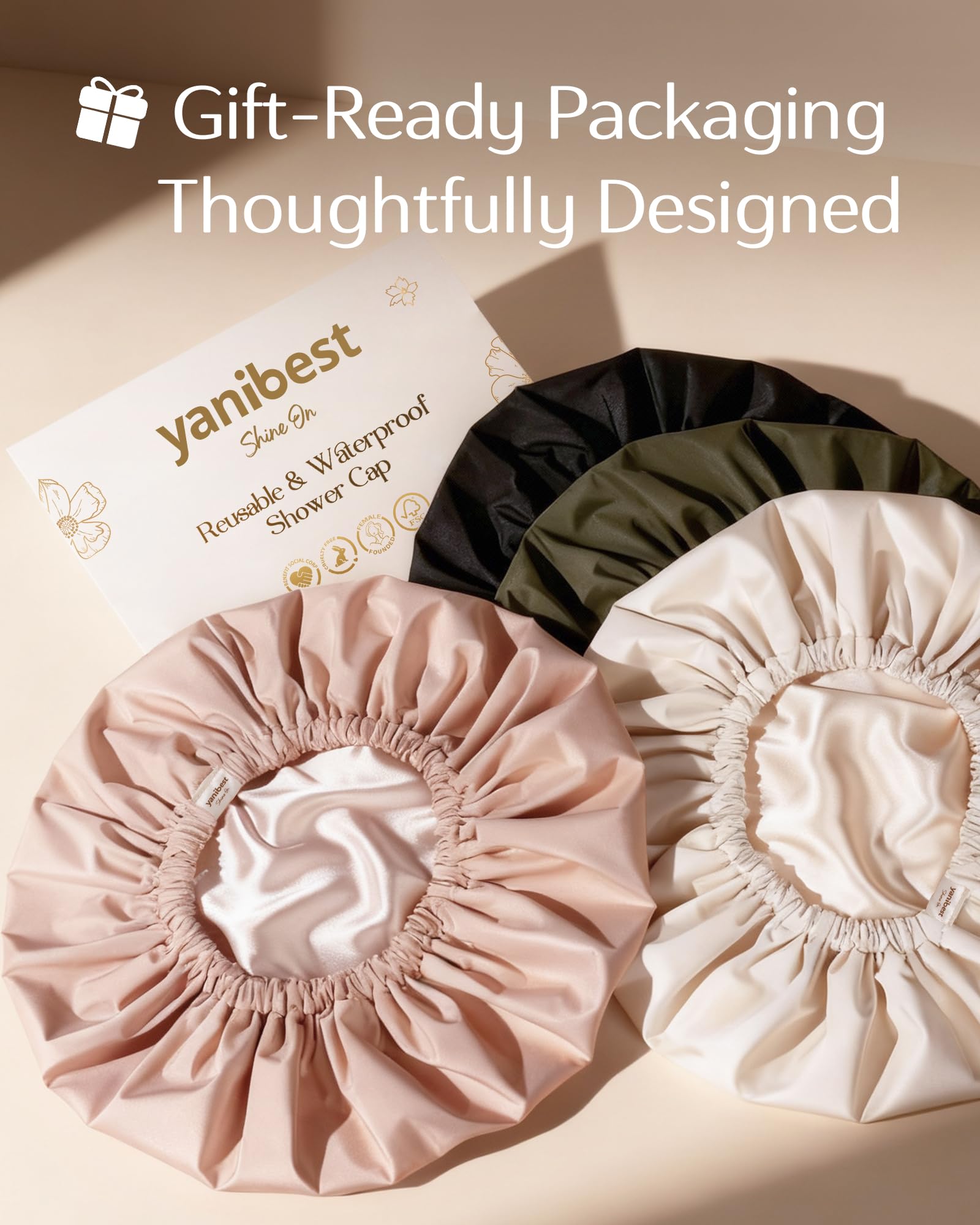 Yanibest Shower Cap for Women Reusable Waterproof,Satin Lined Bath Cap with Soft Elastic Band,Large Washable Hair Caps for Shower