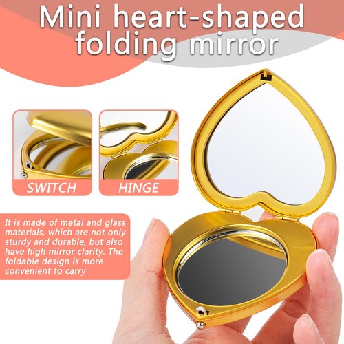 EYIWEITING Mini Heart Compact Mirror,Compact and Beautiful, Portable 1X/2X Magnifier, Sturdy, Perfect for Gifts (Pearl Gold)