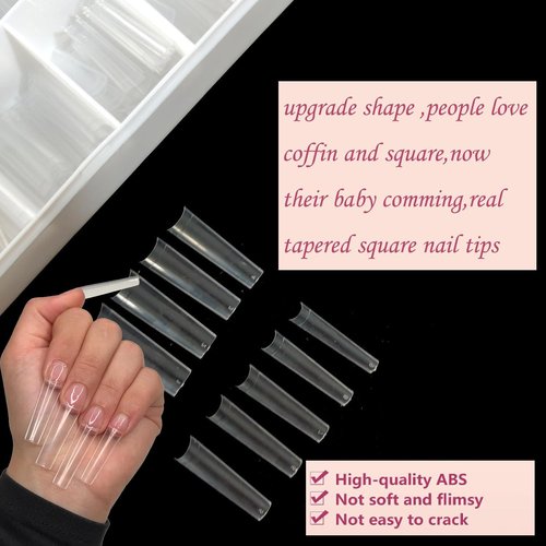 HWHUNO XL Tapered Square Nail Tips No C Curve,500Pcs Clear Medium Half Cover Long Coffin Acrylic Nails Tips Preshaped for Professional Manicure Salon and Home DIY