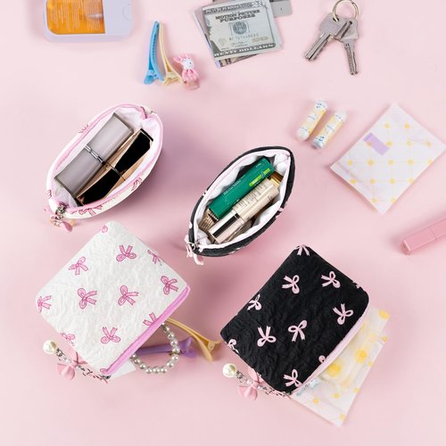 Playexen Mini Makeup Bag, Small Bow Tie Cosmetic Bag for Purse with Keychain, Portable XS Travel Makeup Pouch for Daily Use (Pink)
