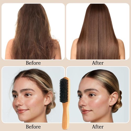 Boar Bristle Hair Brush - Smooth Flyaways & Frizz Control for Sleek Ponytails | Styling Comb for All Hair Types