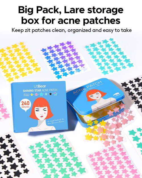 LitBear Acne Patch Pimple Patch, 6 Colors 240 Dots Star Pimple Patches with Tea Tree Oil & Centella Oil, Hydrocolloid Acne Pimple Patches for Face Cute Zit Patches Pimple Stickers Acne Dots