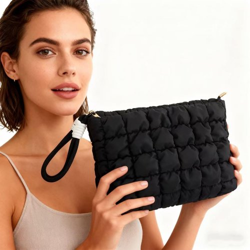 lllyan Puffy Quilted Makeup Bag Cosmetic Bag Equipped with a Detachable Handle Cute Zipper Pouch for Storage Clutch for Women(Black)
