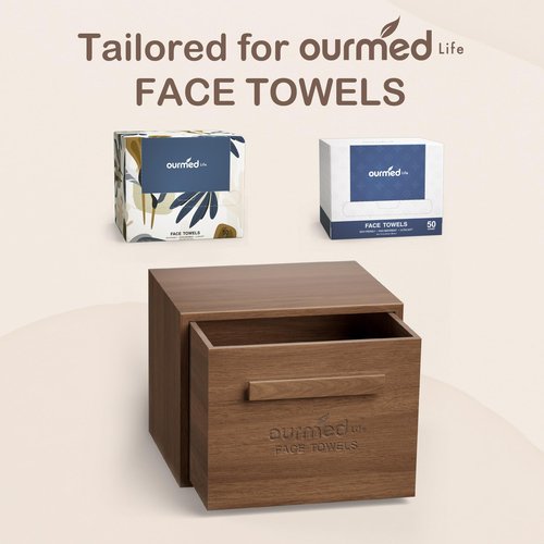 Ourmed Life Walnut Wooden Face Towel Holder Box, Moisture-Resistant Storage Organizer for Bathroom, Includes 50 Ct Disposable Facial Towelettes, 12''x10'' Biodegradable Clean Cloths for Sensitive Skin