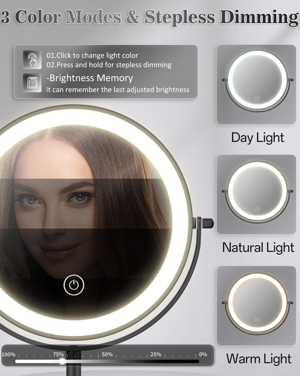 vpu Makeup Mirror with Lights, 1X/30X Lighted Magnifying Mirror Height Adjustable, 3000mAh Rechargeable Double Sided Vanity Mirrors with 3 LED Lighting and Adjustable Brightness for Desk Women Gift