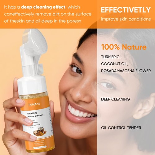 femani 2pcs Glow Wash Turmeric Face Wash With Brush, Deep Cleansing Exfoliating Foaming Facial Cleanser, Improve Skin Condition