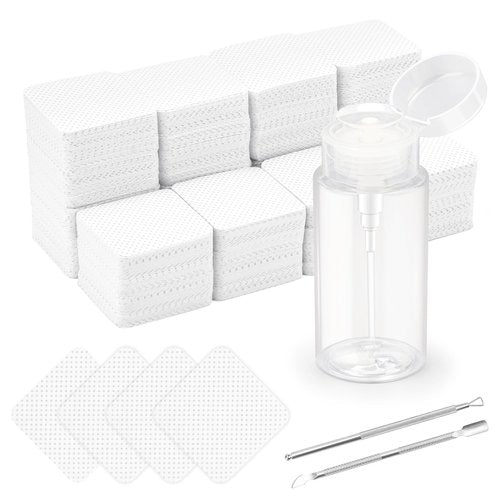 1080 + 3 Pcs Lint Free Nail Wipes Kit, Disposable Nail Polish Remover Pads Non-Woven Nails Eyelash Extensions Wipes, Nail Polish Remover Wipes with 200 ML Bottle, 2 Pcs Cuticle Pusher (White)