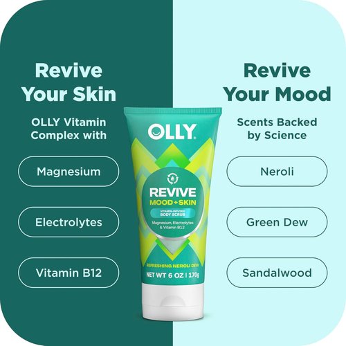 OLLY Revive Body Scrub - Nourishing Skin Exfoliator with Magnesium & Vitamin B12 | Refreshing Nerolidew Scent, 6 oz