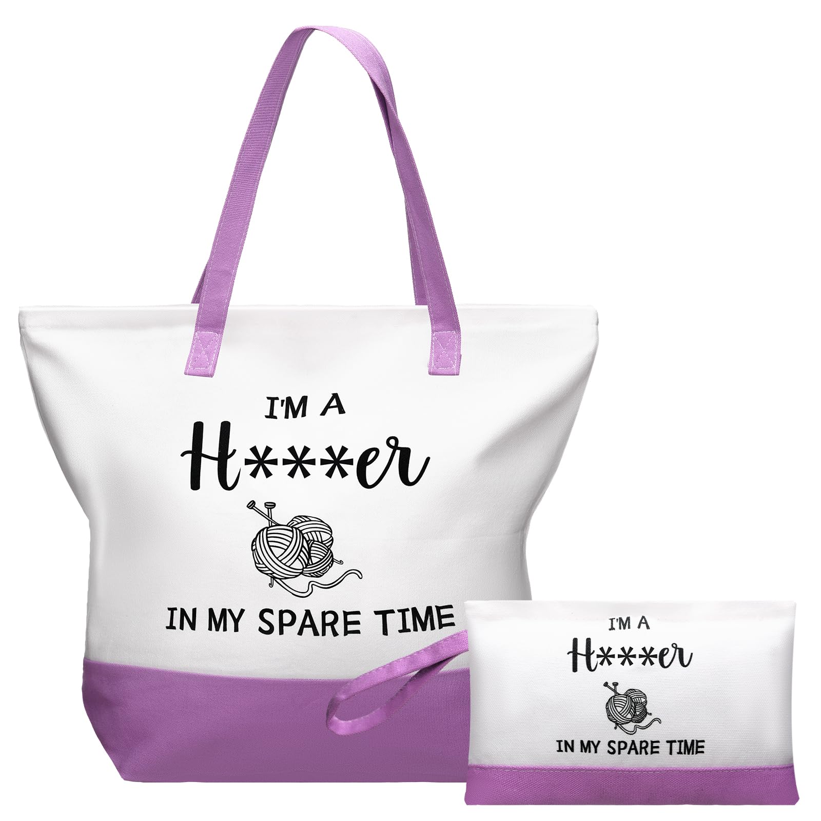 Wesnoy 2 Pcs Crochet Lover Gifts for Women, Funny Purple Canvas Bag with Cosmetic Pouch Tote Bag in My Spare Time Crochet Lovers Friends Crocheters Gifts