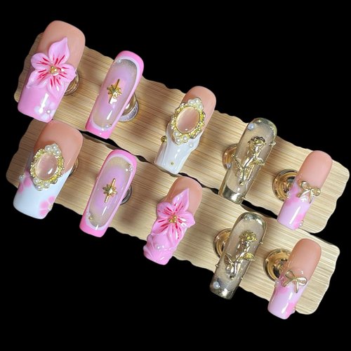 Handmade Press on Nails 3D Floral - Pink Nude Vintage Gold Rose & Pearl Design, Medium Long Square False Nails Reusable Acrylic Fake Nails (Mist Pink, M)