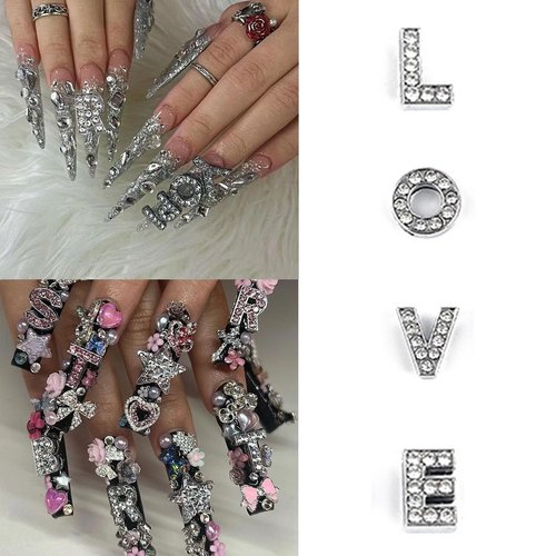 Letter Nail Charms Silver Alloy 52 Pcs, 3D Glitter Letter Charms for Nails Crystals English Alphabet Diamonds Metal Gems Nail Rhinestones Shiny Nails Art Jewels Supplies for DIY Manicure Accessories