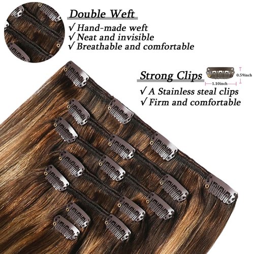 Savasana Clip in Hair Extensions Real Human Hair Straight 7 Pcs Balayage Clip in Hair Extensions Double Weft Thick Chocolate Brown to Caramel Blonde 14 Inch 80g