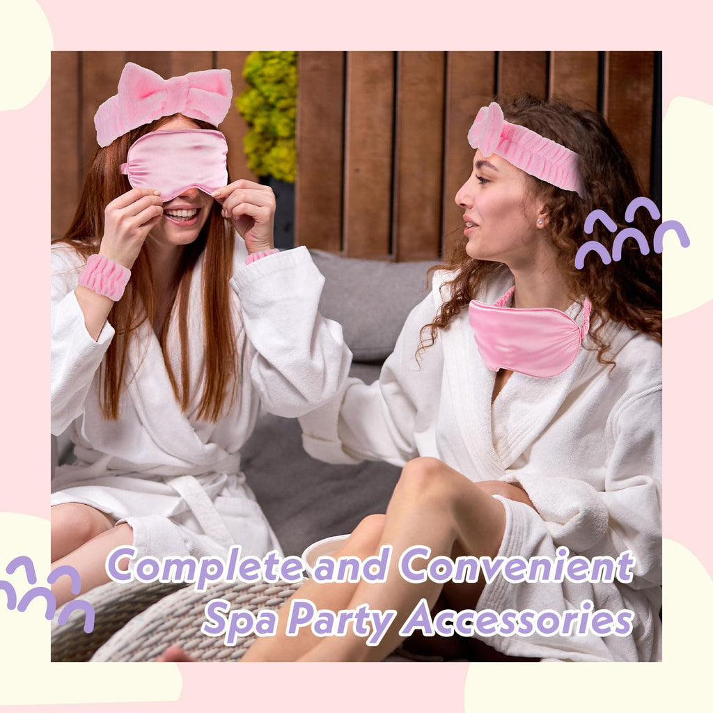Xtinmee 48 Pcs Sleepover Party Favors Spa Headband Bulk for Slumber Party Supplies Pink Wristband Eye Mask for Girls Women Birthday(Pink)