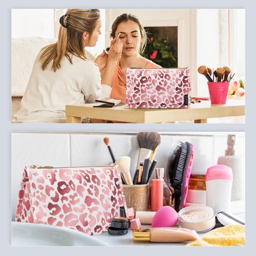 Aosbos Premium Small Makeup Bag, Compact Cosmetic Pouch, Travel-Size Make UP Case for Women, Leopard, Pink