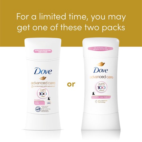 Dove Advanced Care Antiperspirant Deodorant Stick Clear Finish 4 Count deodorant that doesn’t stain clothes 72-hour odor control and all-day sweat protection with Pro-Ceramide Technology 2.6 oz