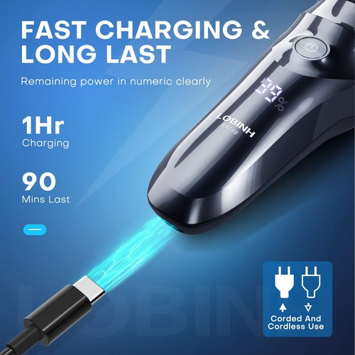 LOBINH Electric Razor for Men, 3D Rechargeable Waterproof IPX7 Electric Shaver for Men Wet & Dry, Cordless Rotary Razor with Beard Pop-up Trimmer, 1 Hour Fast Charging, 4D Floating Head