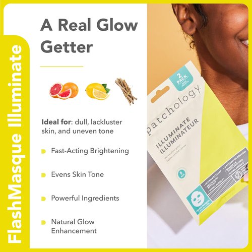 Patchology Face Mask Variety Pack - Brightening Face Mask with Vitamin C stimulates collagen, Hydrating Face Masks with Hyaluronic Acid soften skin, Renewing Face Masks with Strawberry (6 Masks)