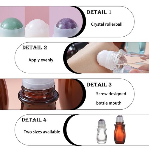 RAMFIYN 2 pack 50ml Large Amber Glass Roll on Bottles for Essential Oils Perfume Refillable Quartz Roller Ball Applicator Empty Deodorant Containers with Crystal Rollerball