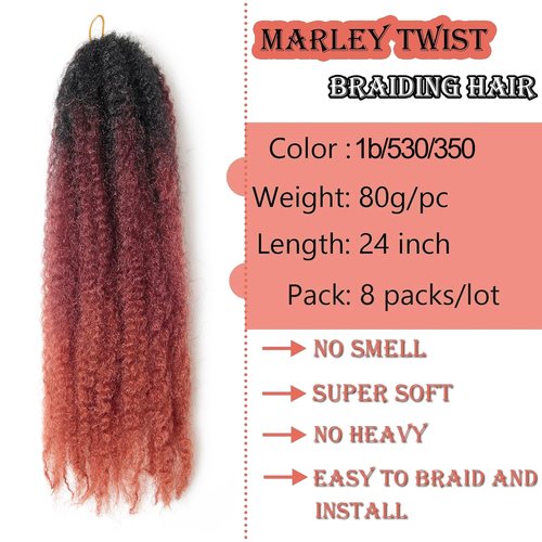 8 Packs Marley Twist Braiding Hair 24 Inches MarleyTwist Hair Cuban Twist Hair Marley Afro Kinky Curly Twist Synthetic Hair Extensions
