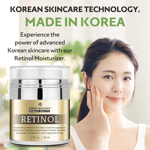 First Botany Korean Retinol Moisturizer Face Cream - Hydrating Anti-Aging Facial & Neck Cream with Bakuchiol, Niacinamide & Hyaluronic Acid - Made in Korea, Cruelty-Free 1.7 Fl Oz