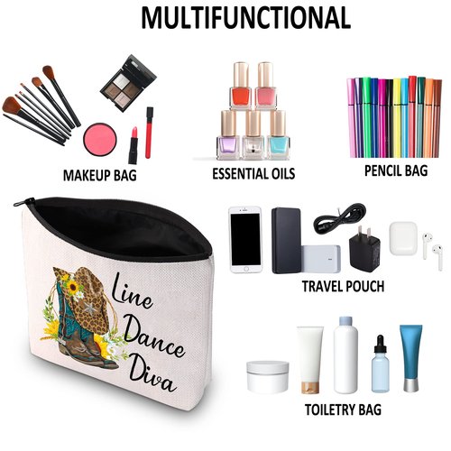 G2TUP Line Dance Gift Line Dance Diva Makeup Bag Western Country Music Dancing Dancer Cosmetic Bag Country Music Lover Gift Zipper Travel Bag (Line Dance Diva White Bag 2.0)