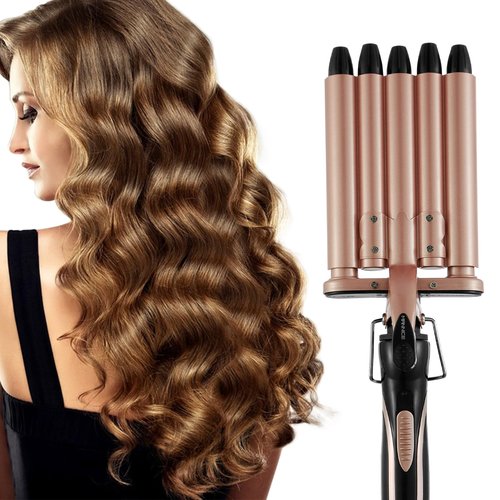 5 Barrel Hair Crimpers and Wavers, Fast Heat 15mm Portable Wand for Long Hair, Adjustable Two-Gear Temperature Wavy Curler (Gold)