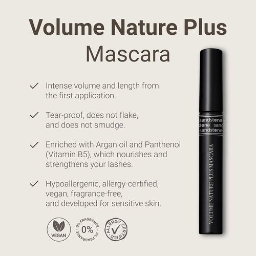 Sandstone Scandinavia Volume Nature Plus - Hypoallergenic Mascara for Sensitive Eyes - Smudgeproof & Lengthening, Vegan Formula