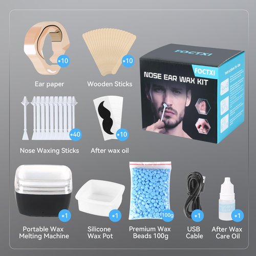 FOCTXI Nose Wax Kit - Portable Ear Nose Hair Waxing Kit for Men and Women with 100g Ｗax, 10 Applicators, 40 Nose Hair Sticks, 10 Mustache & 10 Ear Protectors, Wax Warmer Kit for Hair Removal
