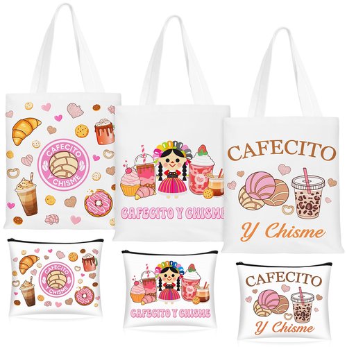 SilTriangle 6 Pcs Funny Cafecito Y Chisme Gifts Mexican Concha Coffee Tote Bags and Makeup Bags Set Mexican Latina Coffee Theme Gift for Mother's Day Women