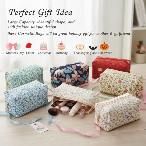 OIMEI Floral Quilted Cotton Makeup Bag for Women, Large Capacity Travel Cosmetic Pouch with Zipper, Cute Toiletry & Brush Organizer, Kawaii Makeup Storage Case – Blue Floral