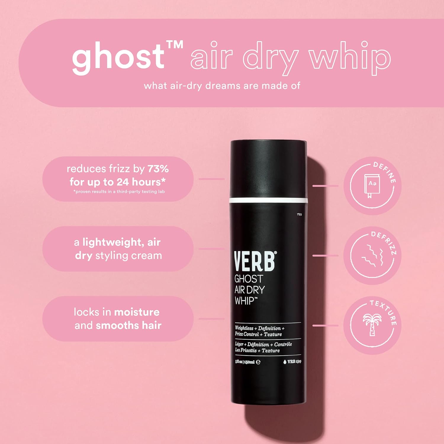 VERB Ghost Air Dry Whip - Weightless Styling Cream with Moringa Oil - Anti-Frizz Hydration & Texture | Vegan, Paraben-Free