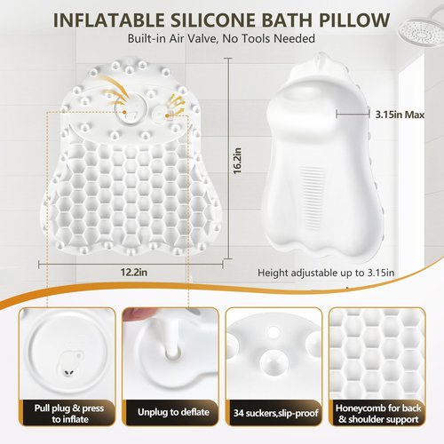 Silicone Bath Pillows for Tub - Adjustable Firmness Bathtub Pillow for Offering Perfect Head Neck & Back Support, Bath Pillow Cushion for Epsom Salt Soaking – Spa Gifts for Women & Parents, White