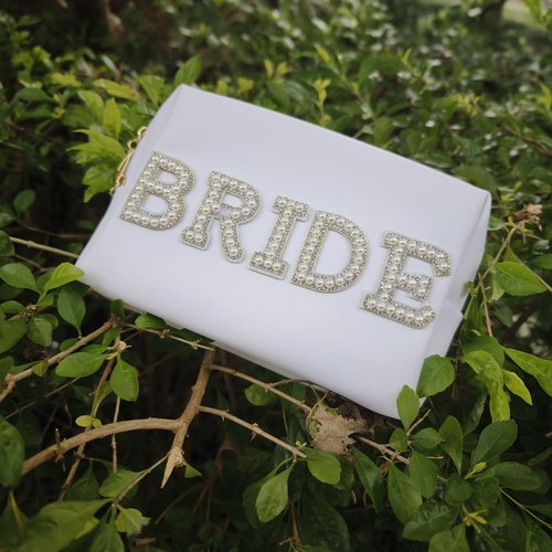 MIRIFRIGE Bride Patch MRS Cosmetic Bag,Pearl Rhinestone Letter makeup Toiletry Bag for Women, Portable Small PU Leather Waterproof bling Travel Purse Zipper Pouch Storage Organizer WH (Bride W)