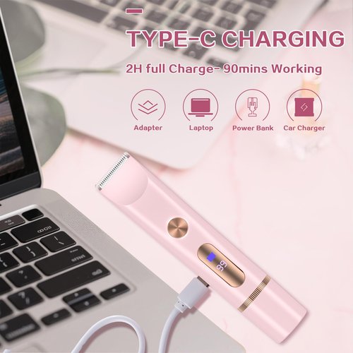 2 in 1 Bikini Trimmer for Women, Dual Head Electric Shaver with LED Display, IPX7 Waterproof Body Pubic Hair Trimmer Rechargeable Womens Electric Razor for Armpit Leg Body Facial Wet & Dry Use