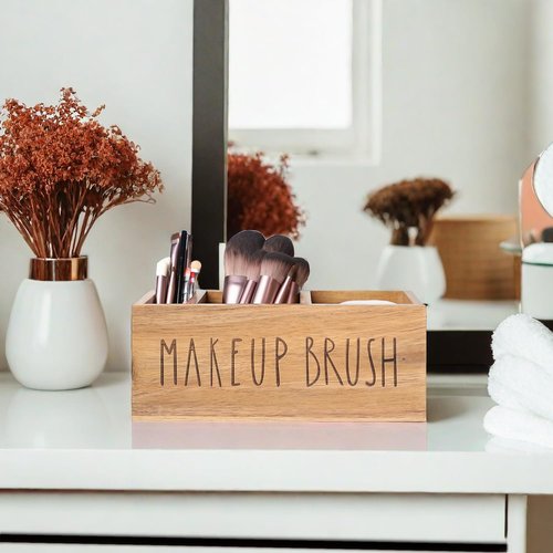 LBEMEY Acacia Wood Makeup Brush Organizer for Vanity,Cosmetic Skincare Organizers, Makeup Organizer with 3 Slots,Organizer Countertop for Cosmetics,Skincare, Brushes, Mascara,Lipstick,Pencils, Brown