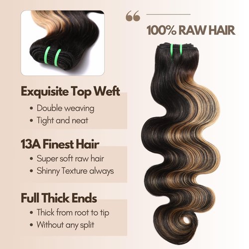 HERMOUS 13A Double Drawn FB/27 Human Hair Bundles Body Wave Blonde Highlight Color, Honey Blonde with Black Single Bundle Human Hair 100% Unprocessed Hair Colored Single Bundle Wavy Sew In 10 Inch