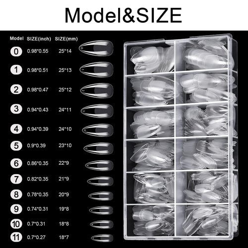 Almond Nail Tips, MORGLES 600Pcs Long-Lasting Soft Gel Nail Tips Medium Full Cover, 12 Sizes with Glue, Files and Cuticle Fork