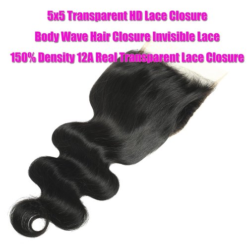 5x5 Hd Lace Closure Human Hair 16Inch Body Wave Hair Closure Invisible Lace 150% Density Real Transparent Lace Closure Virgin Remy Human Hair Frontal Closure Pre Plucked Natural Black