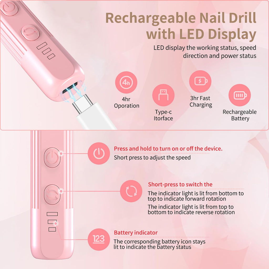 XunmotorYao Electric Nail File Set,Professional 3 Speeds Cordless Electric Nail Drill Kit for Acrylic Gel Nails,12 in 1 Manicure and Pedicure Tools for Home Salon(Pink)