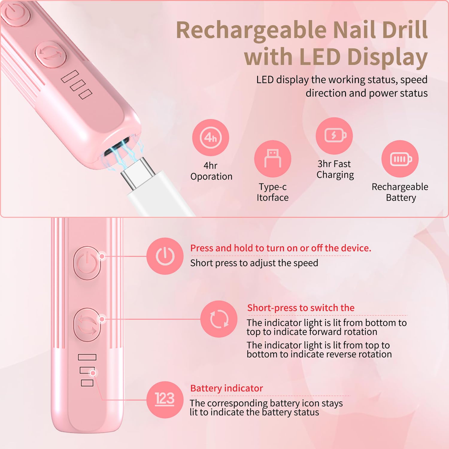 XunmotorYao Electric Nail File Set,Professional 3 Speeds Cordless Electric Nail Drill Kit for Acrylic Gel Nails,12 in 1 Manicure and Pedicure Tools for Home Salon(Pink)
