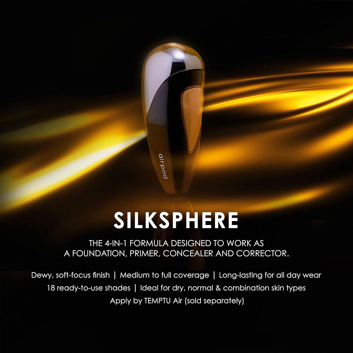 TEMPTU SilkSphere Airbrush Foundation Airpod - Long-Lasting Medium to Full Coverage | 4-In-1 Formula | Dewy Finish | 18 Shades Available