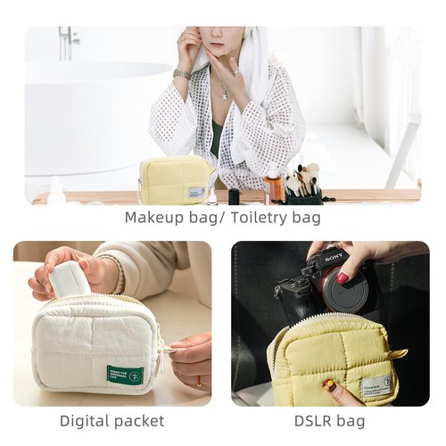 Veki Puffy Makeup Bag, Travel Cosmetic Bags for Women, Cute Quilted Make up Pouch, Toiletry Organizer Travel Essentials and Rectangular Quilted (Yellow, Small)