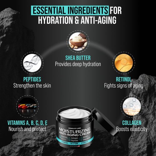 Mens Face Moisturizer Cream - Anti Aging & Wrinkle Face Cream - Mens Facial Moisturizer - Retinol, Collagen, Peptides, Shea Butter, Vitamins E & A - Facial Skin Care Eye Lotion - Day & Night – 4 oz