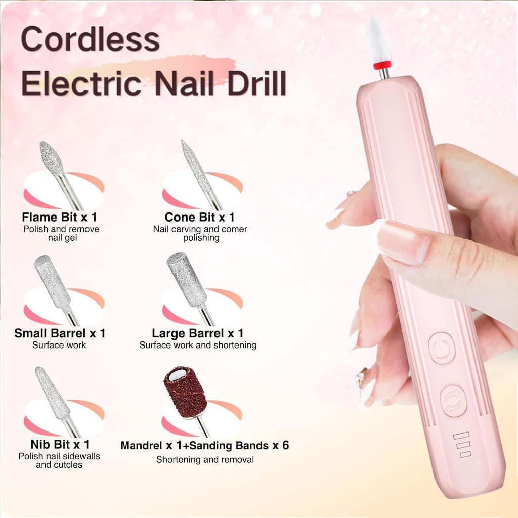 XunmotorYao Electric Nail File Set,Professional 3 Speeds Cordless Electric Nail Drill Kit for Acrylic Gel Nails,12 in 1 Manicure and Pedicure Tools for Home Salon(Pink)