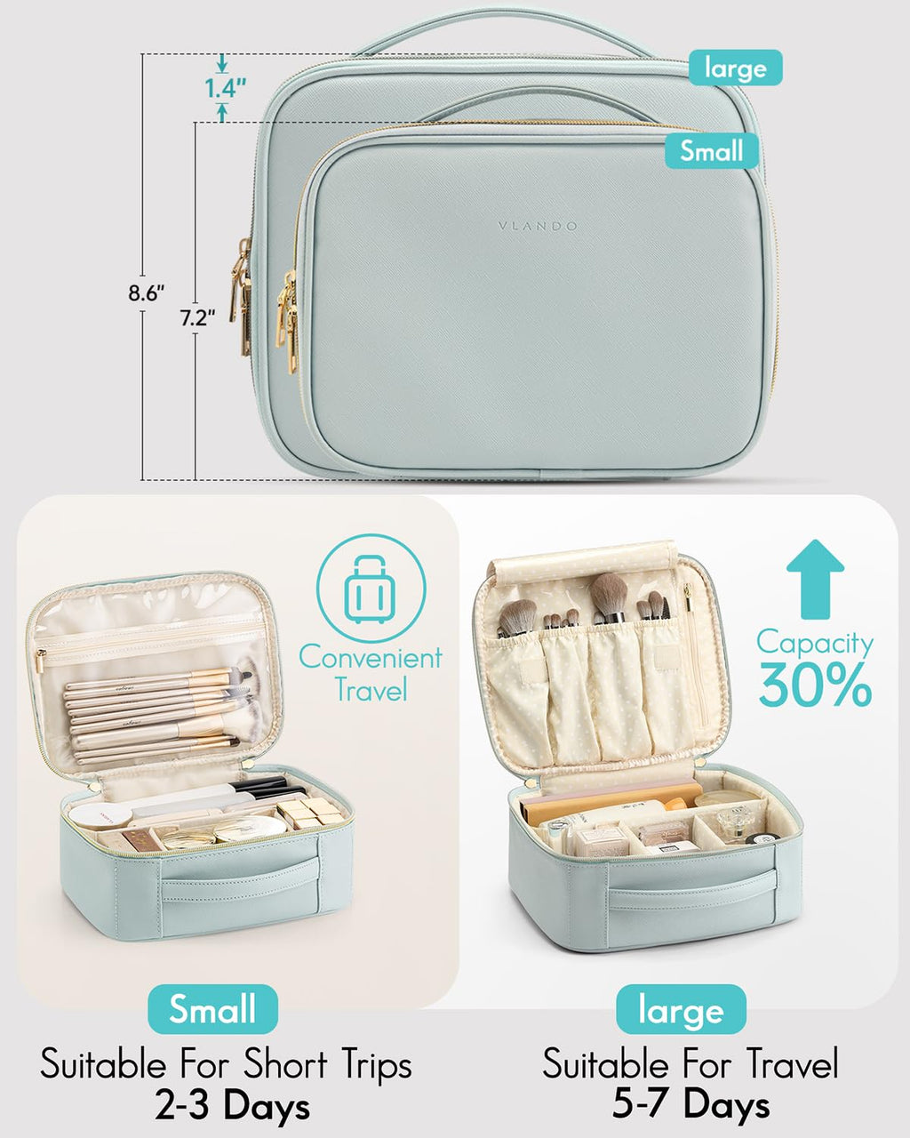VLANDO Travel Makeup Bag,Portable Cosmetic Bag Makeup Case Organizer, Makeup Bag with Adjustable Dividers for Women,Girls,Wedding,Cosmetic Brushes,Toiletry,Gifts,Anniversary-Blue