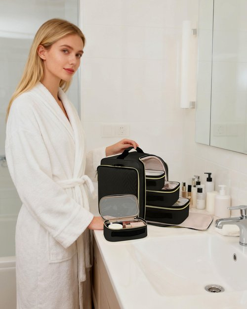 BAFAMYE Large Travel Makeup Bag - Cosmetic Organizer with 4 Removable Inner Pockets, Multi-functional Toiletry Bag for Accessories & Brushes, Women's Beauty Case, Black