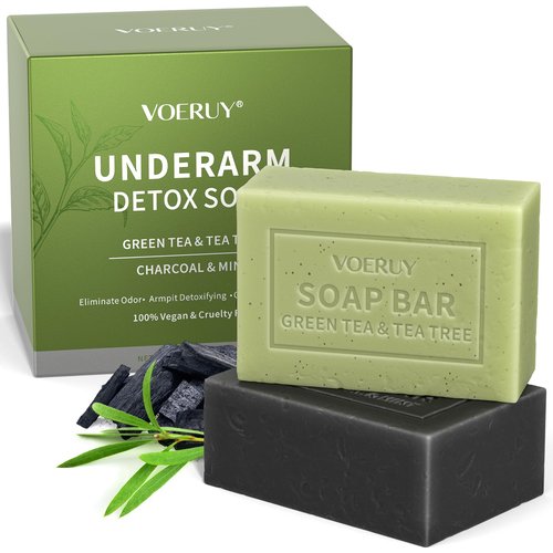 Underarm Detox Soap, 2 Pcs Armpit Detox Soap with Green Tea & Tea Tree, Charcoal & Mint for Eliminating Odor, Exfoliating, Moisturizing , Bar Soap for Legs, Knee, Feet, Hands Whole Body - 10 oz（280g）