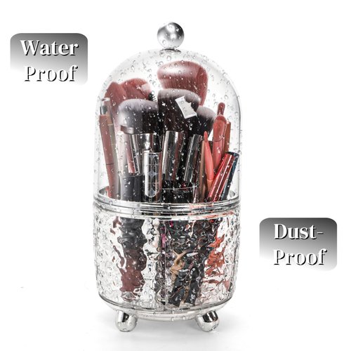 Eorbow Rotating Makeup Brush Holder, Dustproof Cosmetic Tools Organizer with Lid, 360° Spinning Covered Brushes Storage with Anti-slip Pads for Vanity, Bathroom Countertop & Bedside Table, Clear