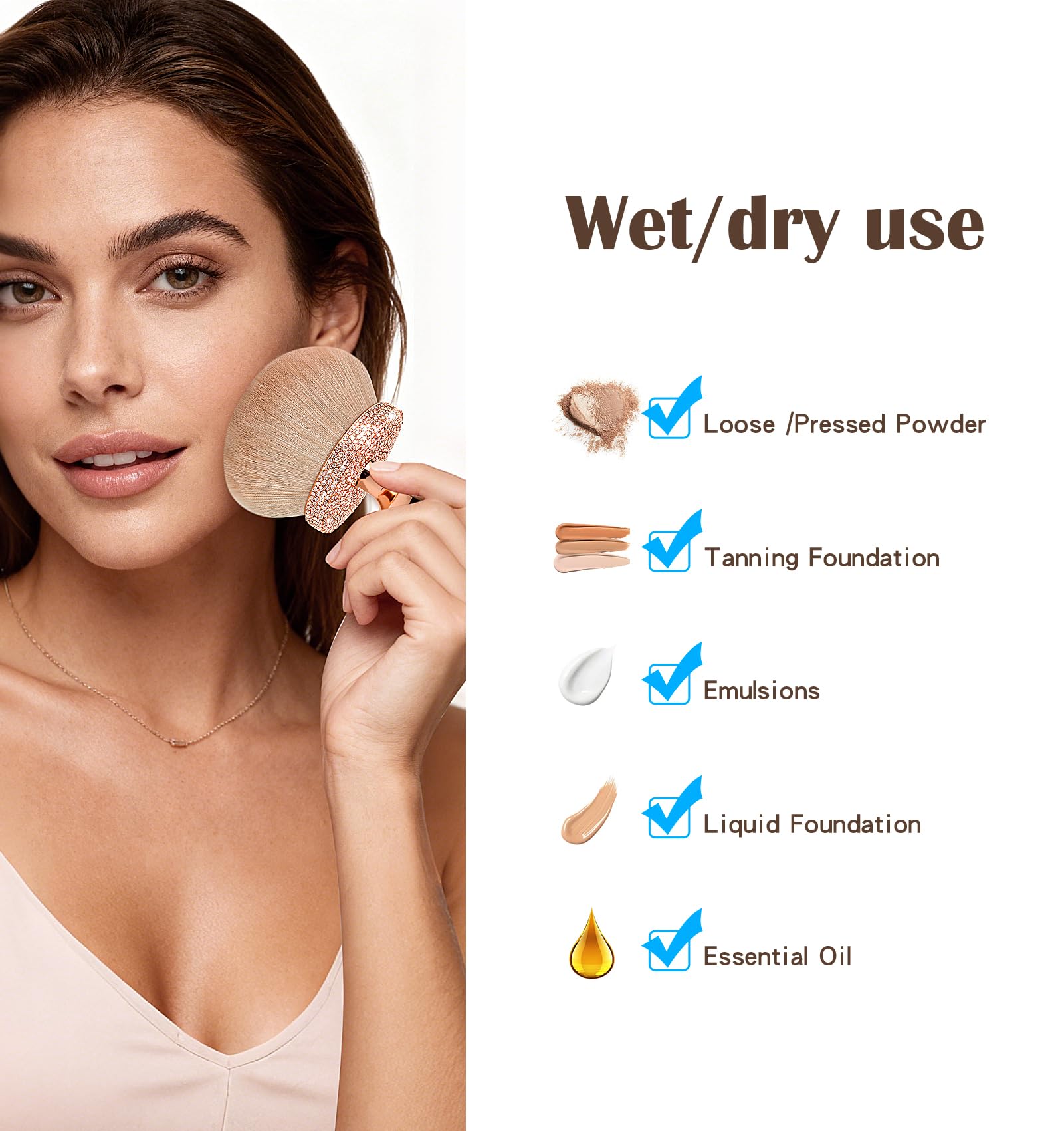 Yivaiks Self Tanner Brush Bling Tanning Brush Rhinestones 74mm Wide-Headed Large Body Makeup Brushes for Flawless Leg Makeup （Round Gold Rhinestone）
